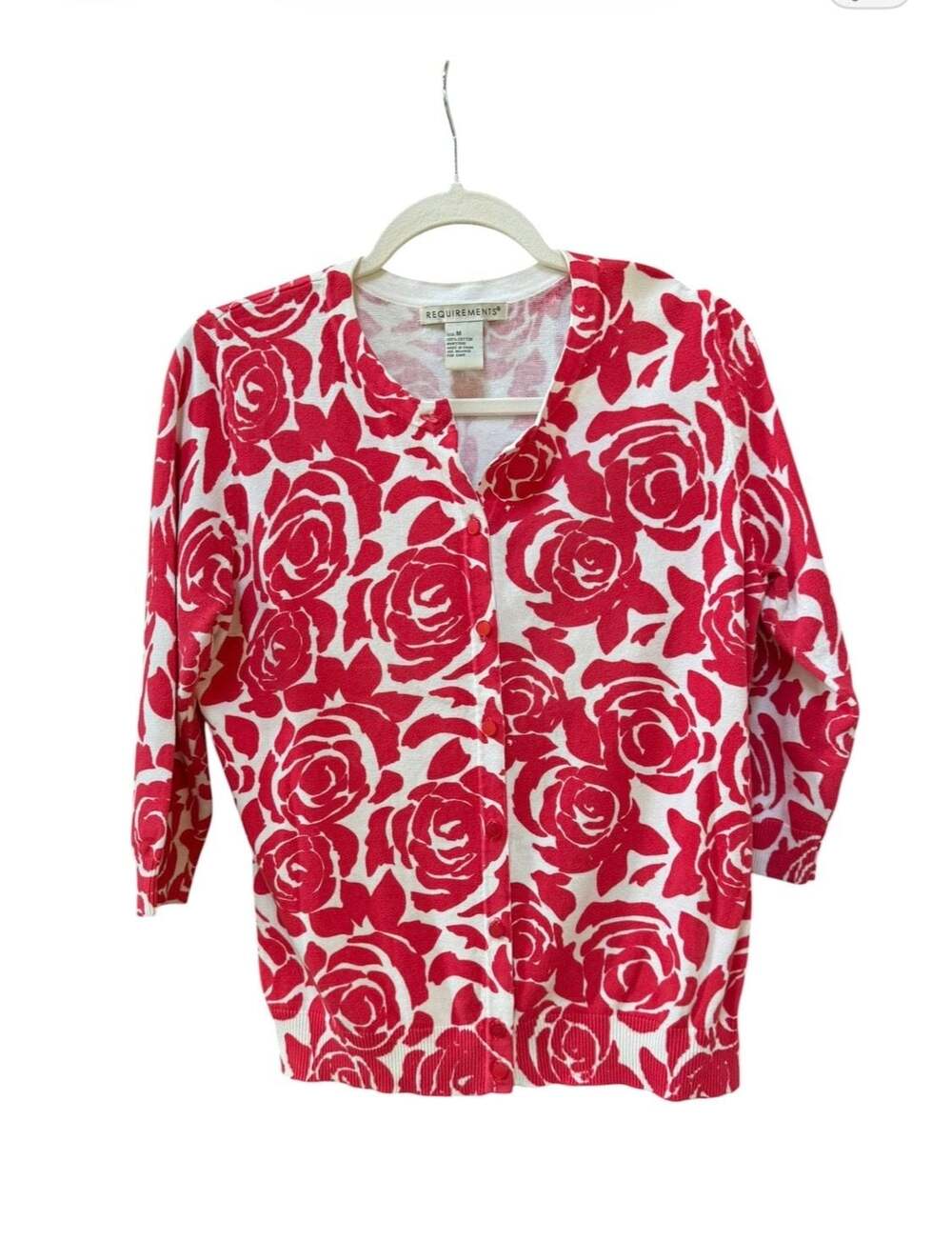 Requirements Women's Red and White Floral Print Cardigan Button-Down Sweater